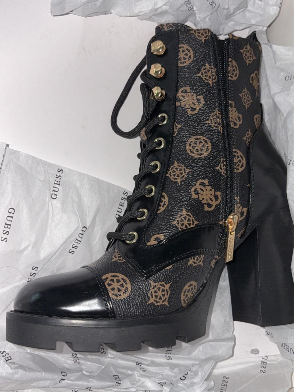 GUESS Black and Brown Logo Lace-Up Block Heel Boots